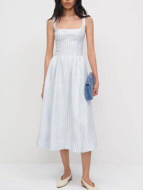 Reformation Janu Linen Midi Dress US2 Swan Stripe Blue White French Causal